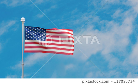 Raising the USA flag against the sky, place for text, 3D illustration Raising the USA flag against the sky, place for text, 3D illustration 117053734