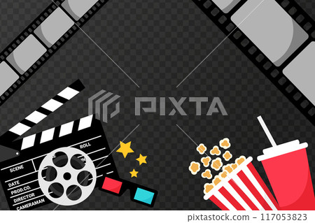Cinema movie banner. Popcorn bucket, cold drink soda with straw, clapper board, film reel and 3d glasses. Movie film premiere template 117053823
