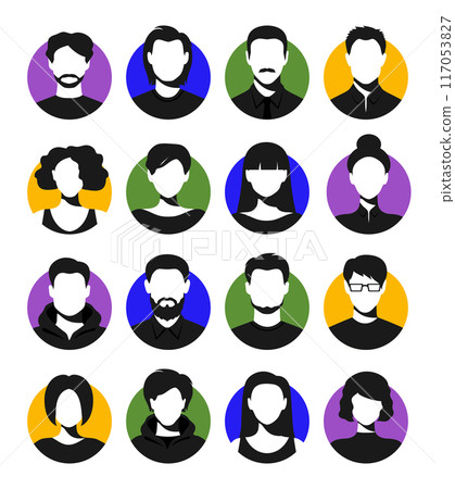 Female and male faceless silhouettes. Set of women and men round user avatars suitable for anonymous profiles, or abstract gender icons. Vector illustration 117053827