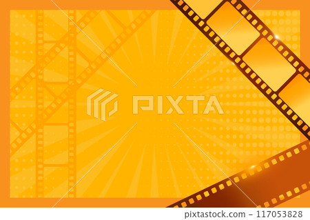 Pop art orange background with sparkling film strips. Cinema concept decorated with dots and rays. Vector illustration 117053828