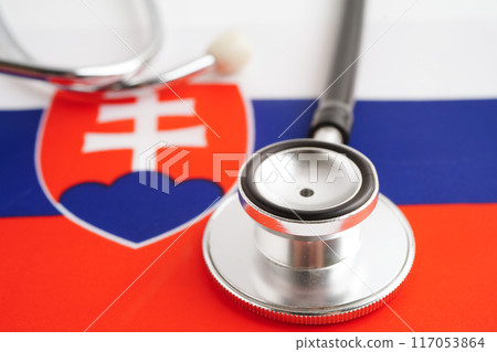 Slovakia flag with US dollar banknote, finance banking concept. 117053864