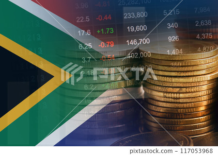 South Africa flag with stock market finance, economy trend graph digital technology. South Africa flag with stock market finance, economy trend graph digital technology. 117053968