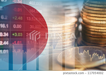 Japan flag with stock market finance, economy trend graph digital technology. Japan flag with stock market finance, economy trend graph digital technology. 117054002