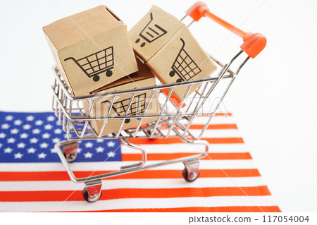 Online shopping, Shopping cart box on USA America flag, import export, finance commerce. Online shopping, Shopping cart box on USA America flag, import export, finance commerce. 117054004