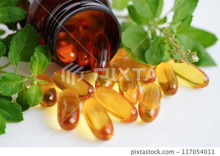 Alternative medicine herbal organic capsule with vitamin E omega 3 fish oil, mineral, drug with herbs leaf natural supplements for healthy good life. 117054011