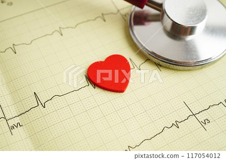 Electrocardiogram (ECG), heart wave, heart attack, cardiogram report. 117054012