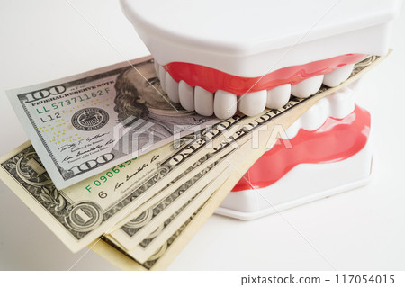 Treatment dental care cost, dental expense or fee, US dollar banknote money with teeth model. Treatment dental care cost, dental expense or fee, US dollar banknote money with teeth model. 117054015