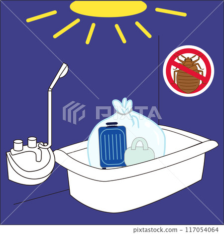 Illustration of suitcases and bags being placed in plastic bags in the bathroom to prevent bedbugs 117054064