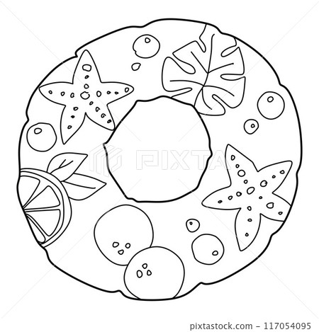 Inflatable ring icon. Beach equipment. Hand drawn vector illustration. Doodle Swimming circle isolated on White background. Vacation and Summer Theme Linear Design Element with Tropical Fruit and Palm 117054095