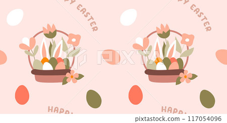 Easter Seamless Pattern with Bunny rabbit, Eggs, Basket and Spring Flowers on Pink background. Vector Flat Cartoon Background with Lettering Happy Easter. Celebration Template for Gift Wrapping Paper Easter Seamless Pattern with Bunny rabbit, Eggs, Basket and Spring Flowers on Pink background. Vector Flat Cartoon Background with Lettering Happy Easter. Celebration Template for Gift Wrapping Paper 117054096