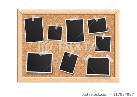 Photo frames on cork board. Blank glued photos collage. Mood board, callboard template. Memories snapshot mockup, vintage photography layout. Vector illustration Photo frames on cork board. Blank glued photos collage. Mood board, callboard template. Memories snapshot mockup, vintage photography layout. Vector illustration 117054097