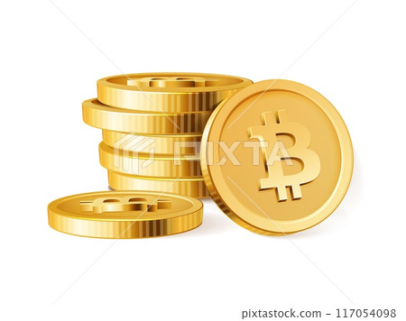 Bitcoin stack. Golden BTC cryptocurrency 3D realistic coins pile. Blockchain, crypto business and deposit, investment and virtual payment vector concept Bitcoin stack. Golden BTC cryptocurrency 3D realistic coins pile. Blockchain, crypto business and deposit, investment and virtual payment vector concept 117054098