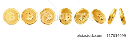Golden bitcoin rotating coin. Virtual money cryptocurrency different side set realistic vector illustration. Financial assets electronic payment growth of income mining and investment global currency 117054099