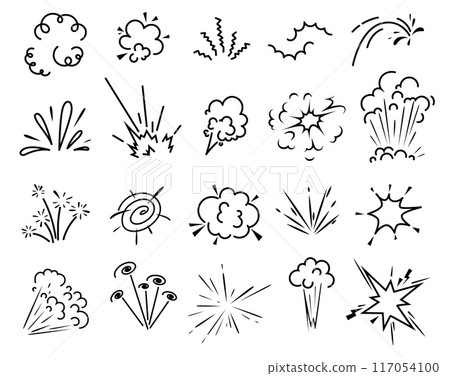 Doodle bomb explosion, cartoon comic clouds of boom bang, vector dynamite blast cloud. Bomb explode or TNT explosive comic effect of crash and bang pop spark with flash clouds in doodle line 117054100