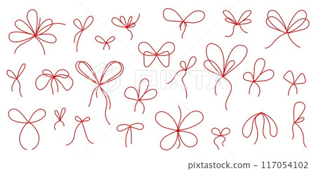 Red line bow gift ribbon. String bows for parcel wrap silhouette icons. Black line art rope cord with knot and bow for birthday, Christmas or Valentines day package decoration. Isolated vector set 117054102