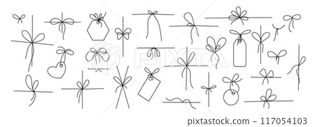 Line gift bow. Thin twine for gift parcel wrap, black line rope cord with simple knot and bow ribbons, price tags for birthday or Christmas present package decoration. Vector doodle nodes set 117054103
