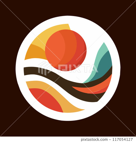Abstraction in a circle with sun and stylised nature. For logo, for printing. Vector 117054127