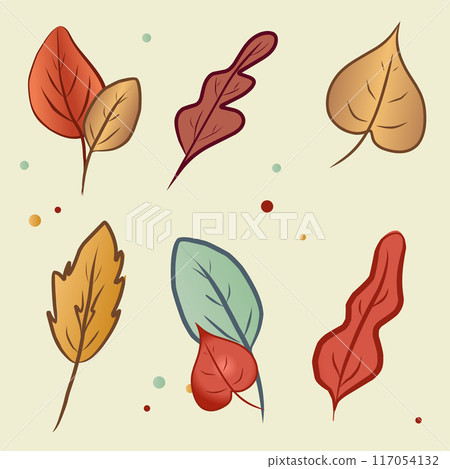 Set of colourful autumn leaves on light background. Yellow and red leaves are laid one by one and in pairs. For postcards. 117054132