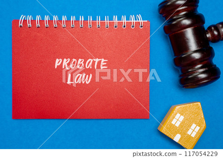 Probate law and Inheritance of property by court. Legal processes and regulations governing the distribution of a deceased person's estate. Judge's gavel, notepad and miniature house Probate law and Inheritance of property by court. Legal processes and regulations governing the distribution of a deceased person's estate. Judge's gavel, notepad and miniature house 117054229