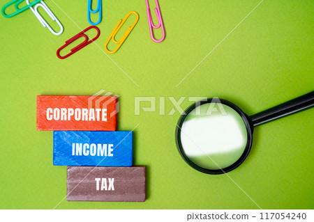 Corporate income tax concept. Taxes imposed by governments on the profits generated by companies. Inscription on the blocks. business and finance 117054240