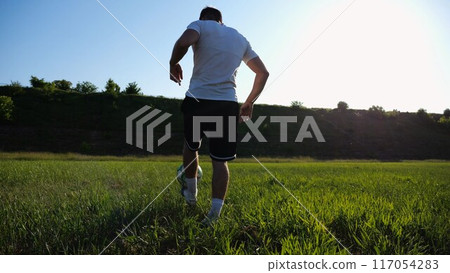 Sportsman juggling soccer ball on stadium at sunny day. Young man kicking ball at green field. Professional footballer practicing tricks at meadow with sunlight at background. Freestyle football. 117054283