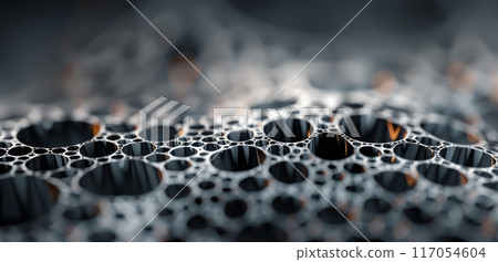 Detailed Close-Up of Abstract Black and Silver Bubble Structure With Intricate Patterns 117054604