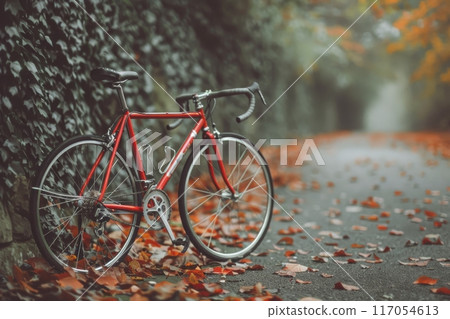 Red Bicycle Leaning Against Wall on Leafy Pathway in Autumn 117054613