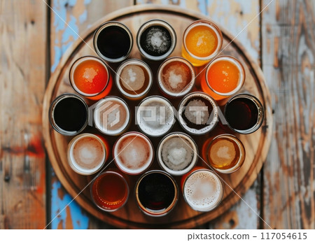 Assorted Craft Beers on a Wooden Tray in a Rustic Brewery Setting 117054615