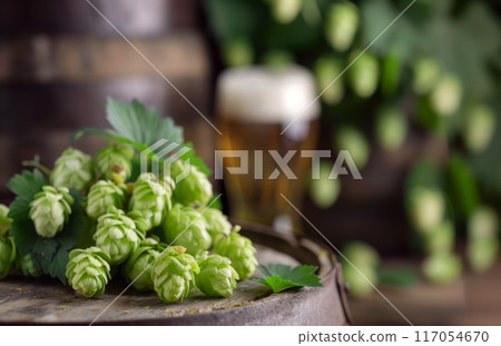 Fresh Hop Flowers on Barrel With Beer in Rustic Brewery Setting 117054670