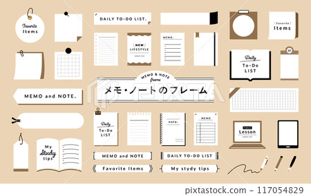 Set of memo, notebook, and stationery frames Decoration Decoration Frame Sticky note Memo pad Material Simple Book 117054829