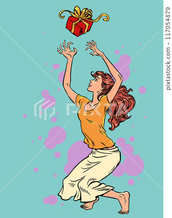 Pop Art Retro A woman catches a gift with both hands. Relatives' upcoming birthdays and holidays. Great offers and promotions for gifts. 117054879