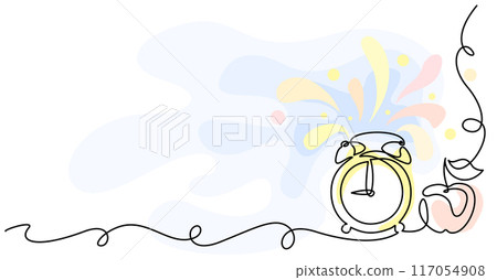 Apple and alarm clock in wavy line. Education and study learning concept Apple and alarm clock in wavy line. Education and study learning concept 117054908