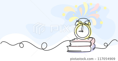 Books and alarm clock in wavy line frame. Education and study learning concept. Books and alarm clock in wavy line frame. Education and study learning concept. 117054909