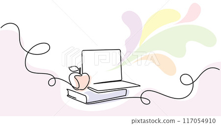 Book stack with notebook and apple over. Corner frame. Book stack with notebook and apple over. Corner frame. 117054910