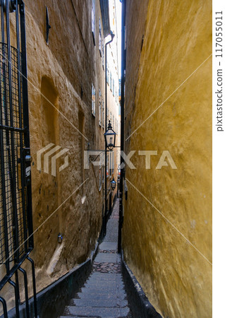 The narrowest street in the world (Marten Trotzig's alley) in Stockholm, Sweden 117055011