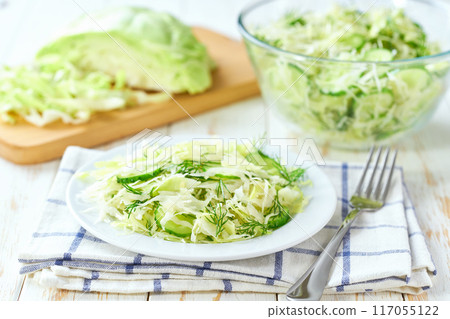 crispy organic green cabbage salad in a plate, selective focus. 117055122
