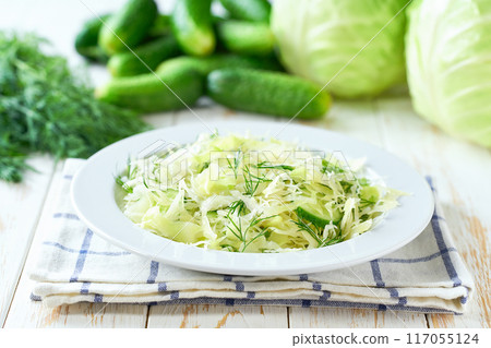 healthy vegetable salad of cabbage,cucumber and dill menu concept, selective focus. 117055124