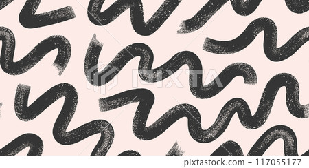 Bold wavy grunge lines. Horizontal black hand drawn brush strokes vector seamless pattern. Geometric ink lines background. 117055177