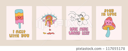Valentines day cartoon retro groovy card, poster. Hippie 90s daisy, heart, ice cream, mushroom, characters, square psychedelic vector template. Valentines day cartoon retro groovy card, poster. Hippie 90s daisy, heart, ice cream, mushroom, characters, square psychedelic vector template. 117055178