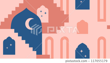 Moroccan red city wall with arch, window, gate, crescent. Arabic style landscape with stars, moon. Vector seamless border. Moroccan red city wall with arch, window, gate, crescent. Arabic style landscape with stars, moon. Vector seamless border. 117055179