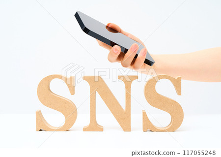 Wooden alphabet blocks arranged with the word "SNS" 117055248