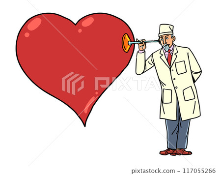 The doctor listens to a big red heart. Advertising of medical services to clients. Education in the field of health care and healing. 117055266