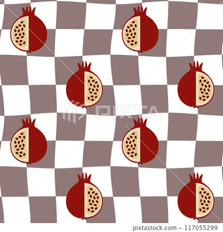 Seamless pattern with checkers and pomegranates. Retro Groovy Background.60's style. Design for packaging, background, wallpaper, t-shirt Seamless pattern with checkers and pomegranates. Retro Groovy Background.60's style. Design for packaging, background, wallpaper, t-shirt 117055299
