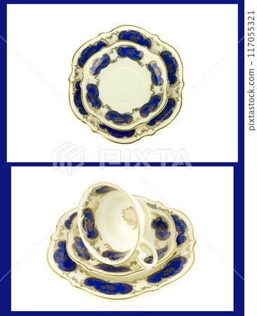 Vintage porcelain cups and saucer isolated on white. Collage. 117055321