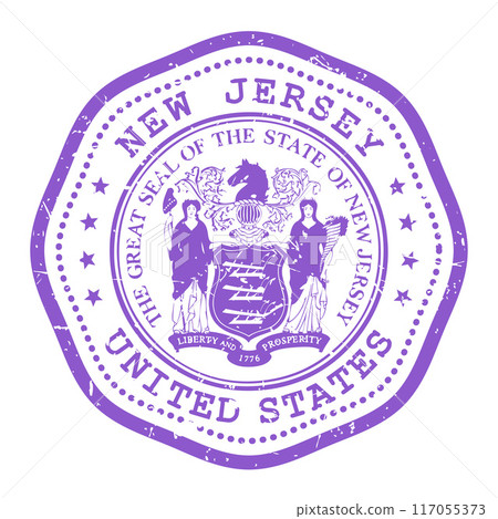 New Jersey state stamp with seal, USA travel stamp, shabby postmark of New Jersey, vector New Jersey state stamp with seal, USA travel stamp, shabby postmark of New Jersey, vector 117055373