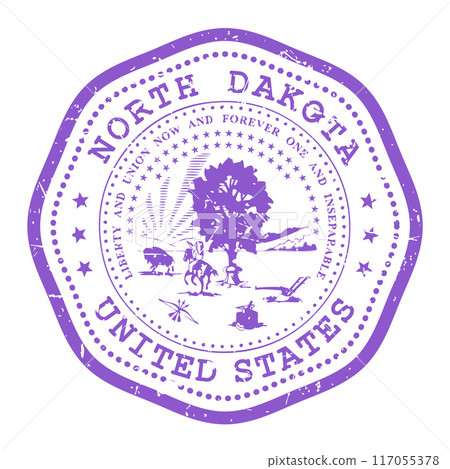 North Dakota state stamp with seal, USA travel stamp, shabby postmark of North Dakota, vector 117055378