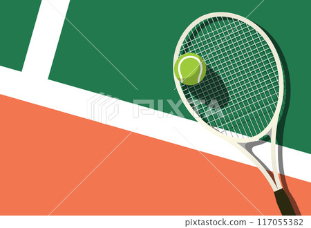 Lawn tennis racket and ball lies on tennis court, view from above, sport poster, vector 117055382