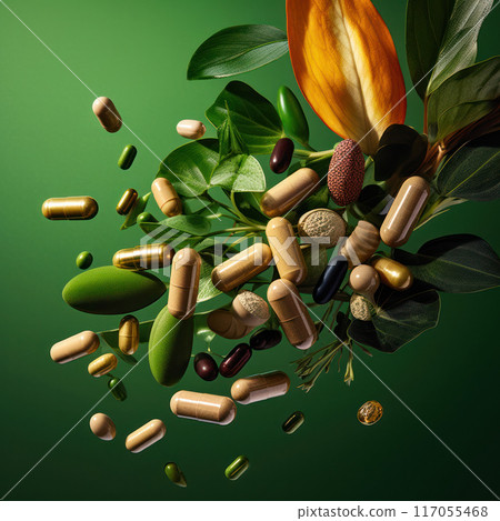 Assorted Dietary Supplements on Green Background 117055468