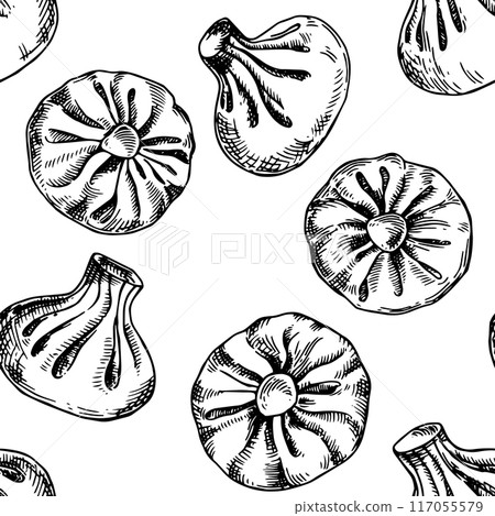 seamless pattern of Georgian khinkali. illustration in sketch style. vector print 117055579