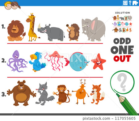 odd one out game with cartoon animal characters odd one out game with cartoon animal characters 117055605